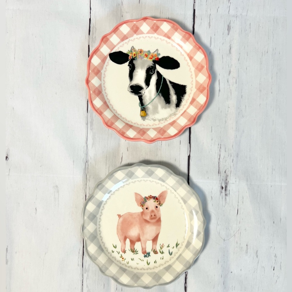 The Pioneer Woman Farmhouse Gingham Animal Appetizer Dessert Plates Set 2